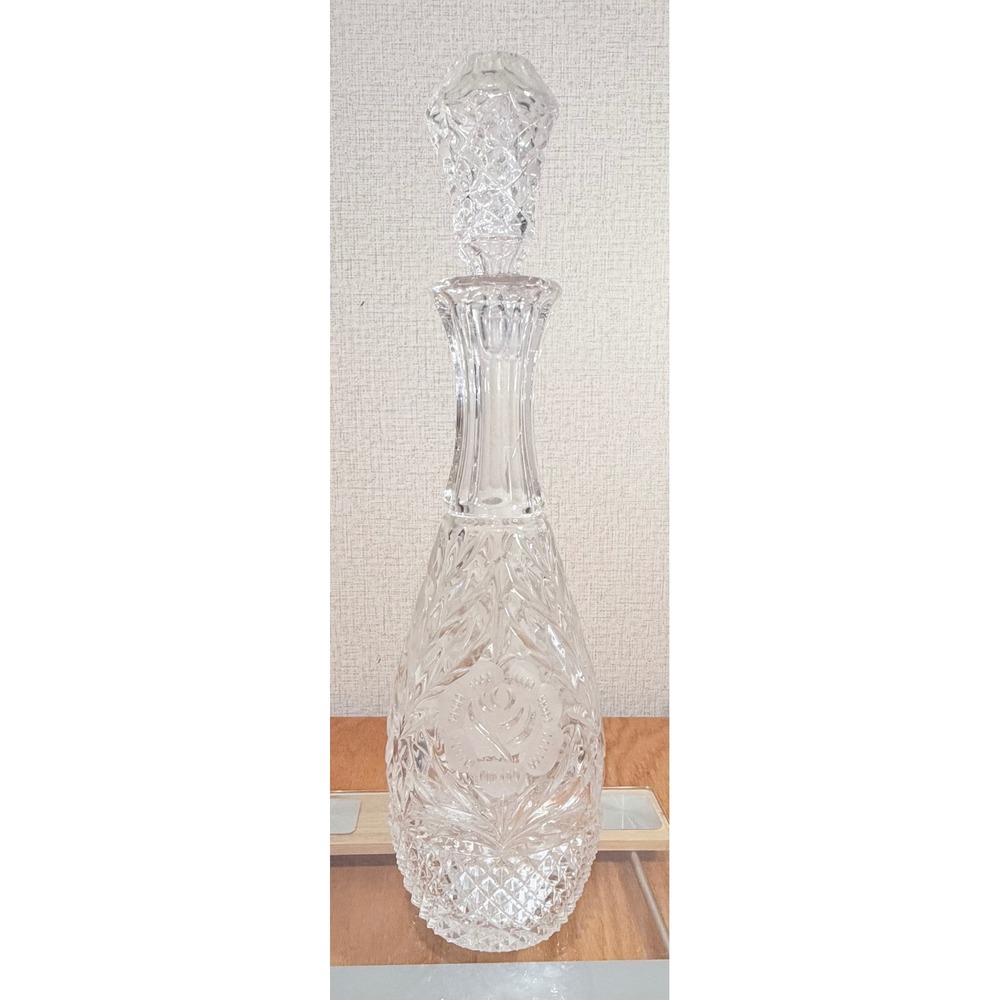 Vintage Etched Rose Lead Crystal Wine Decanter with Geometric Stopper 14.75 Inch